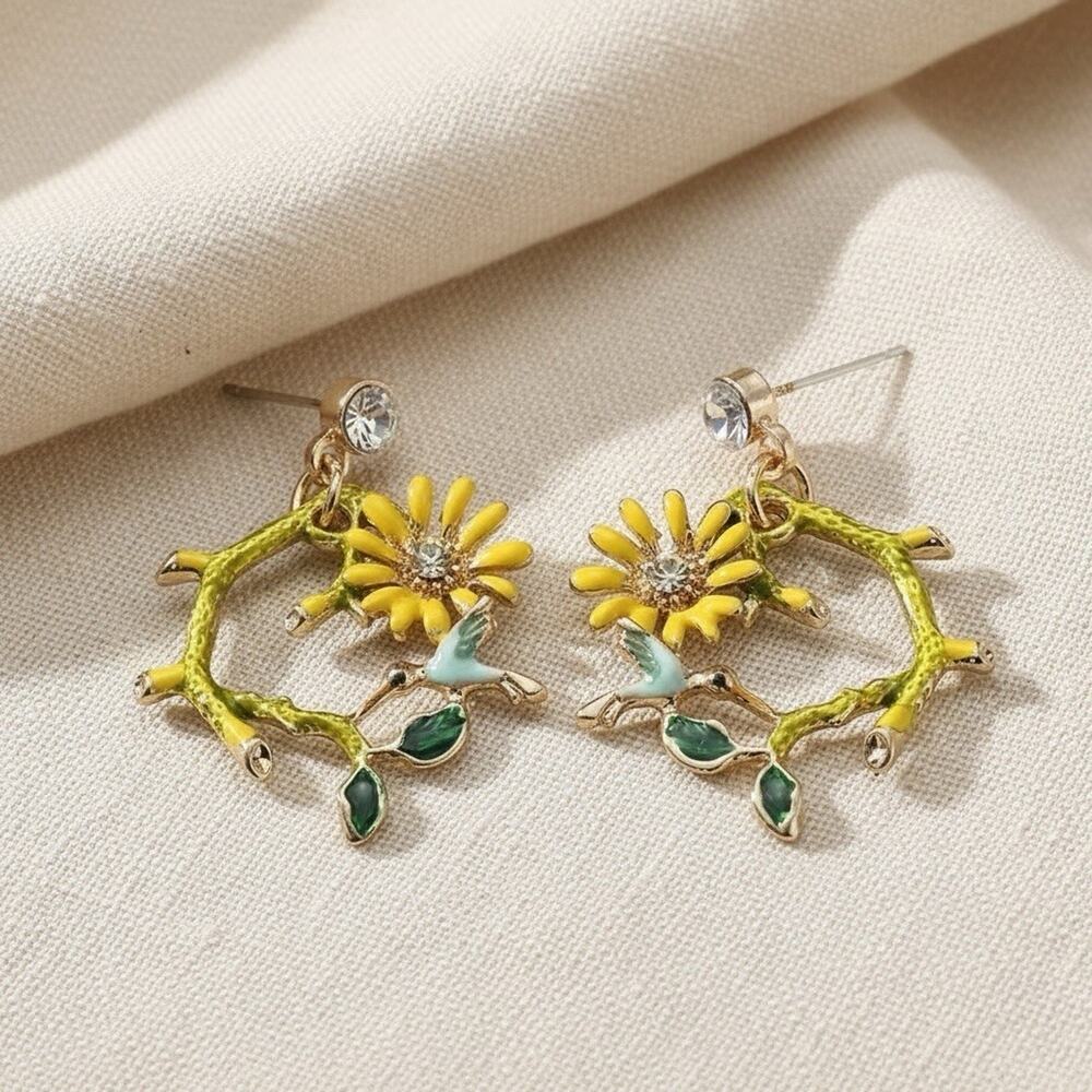 Flower Bird Hoop Earrings CZ Wreath Cottagecore Branch Leaf French Designer
